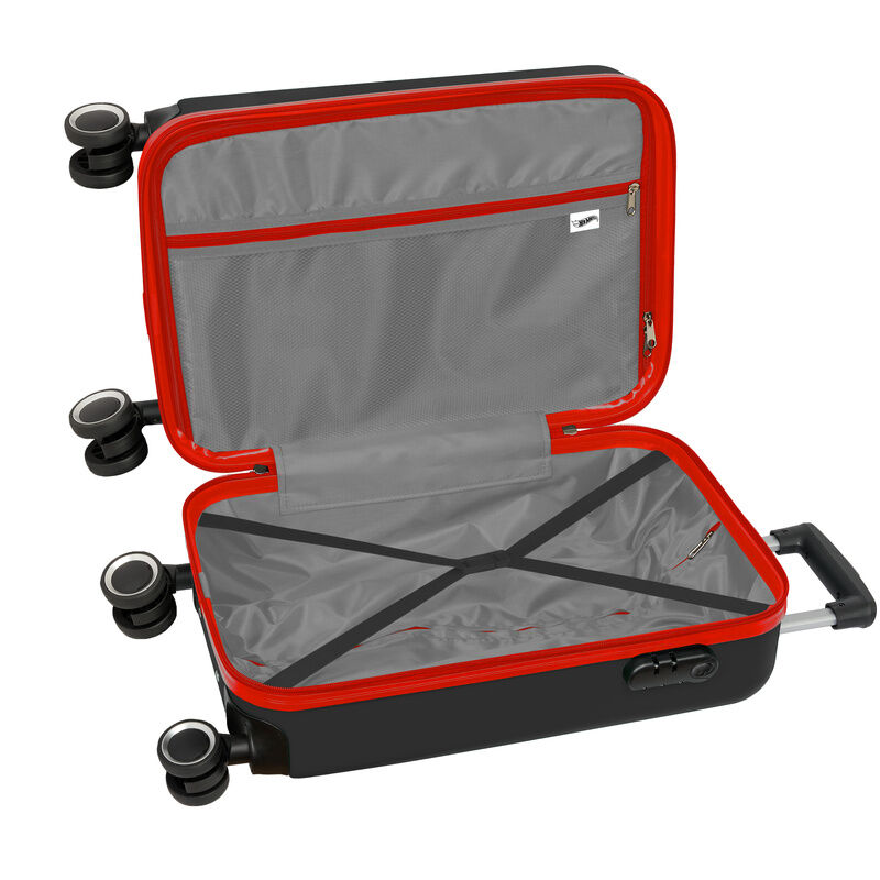 Mala de viagem preta aberta com interior cinzento e fecho vermelho