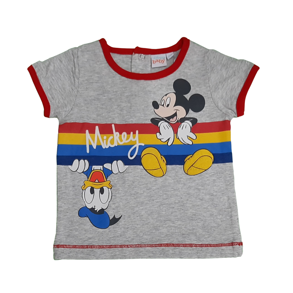 Camiseta cinzenta com estampado colorido de personagens Mickey e Pato Donald