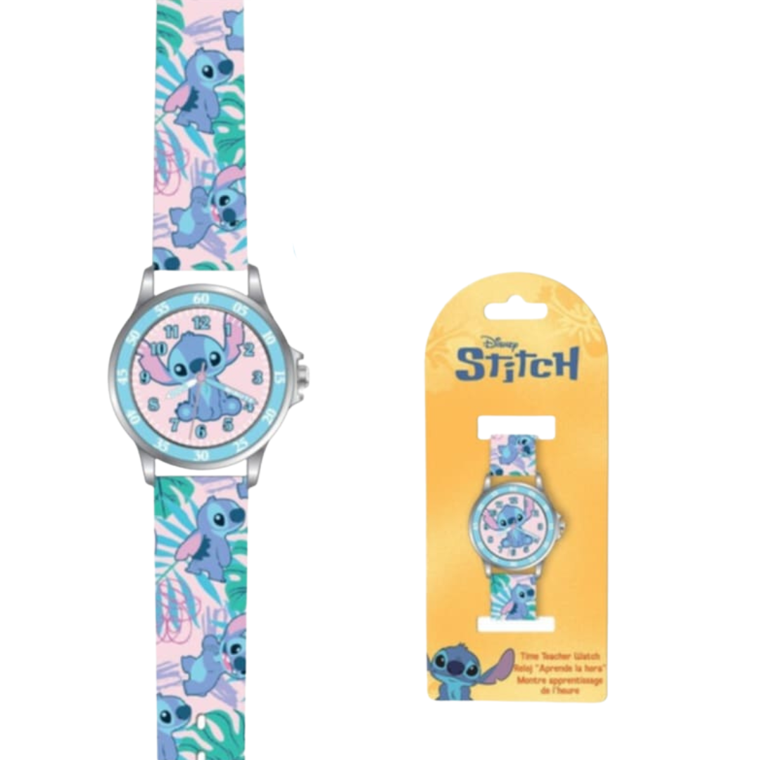 Relógio infantil azul e rosa com estampado Stitch da Disney e embalagem amarela.
