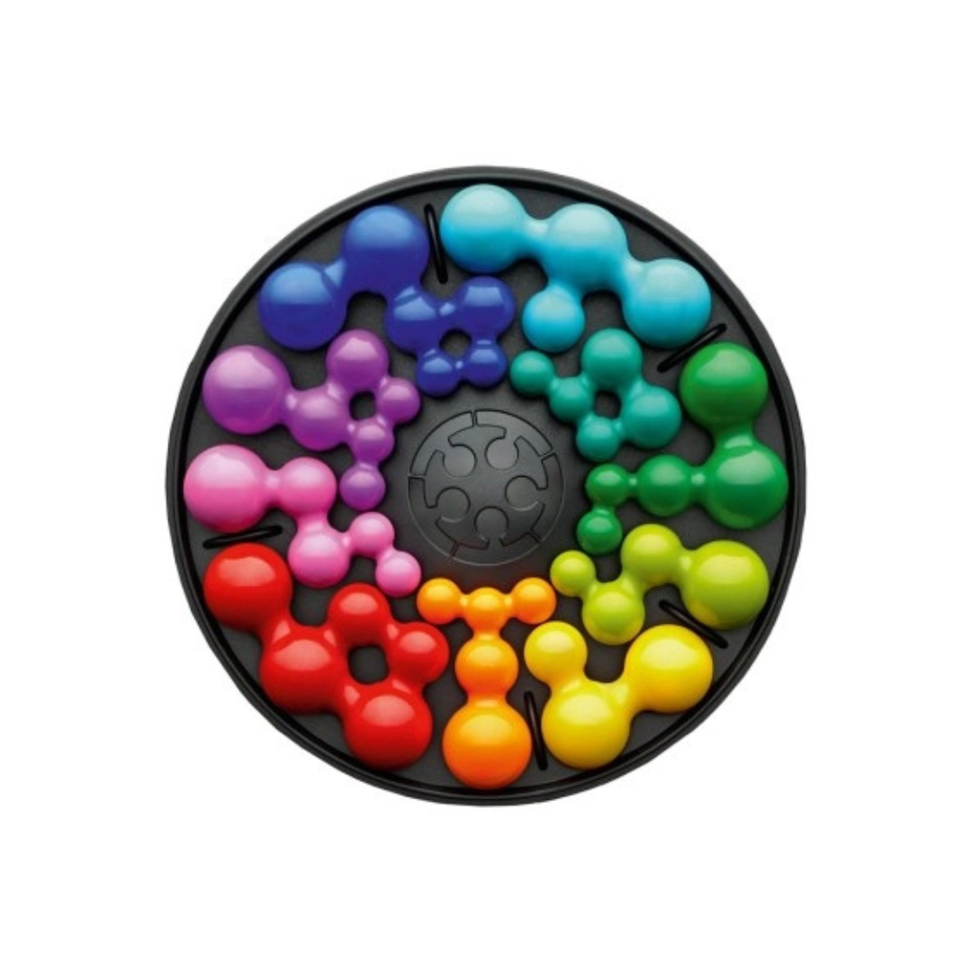 Tabuleiro circular com peças de plástico coloridas em várias cores e formas orgânicas.