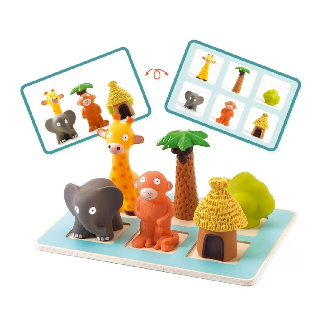 Jogo de encaixe infantil com animais e objetos de madeira coloridos