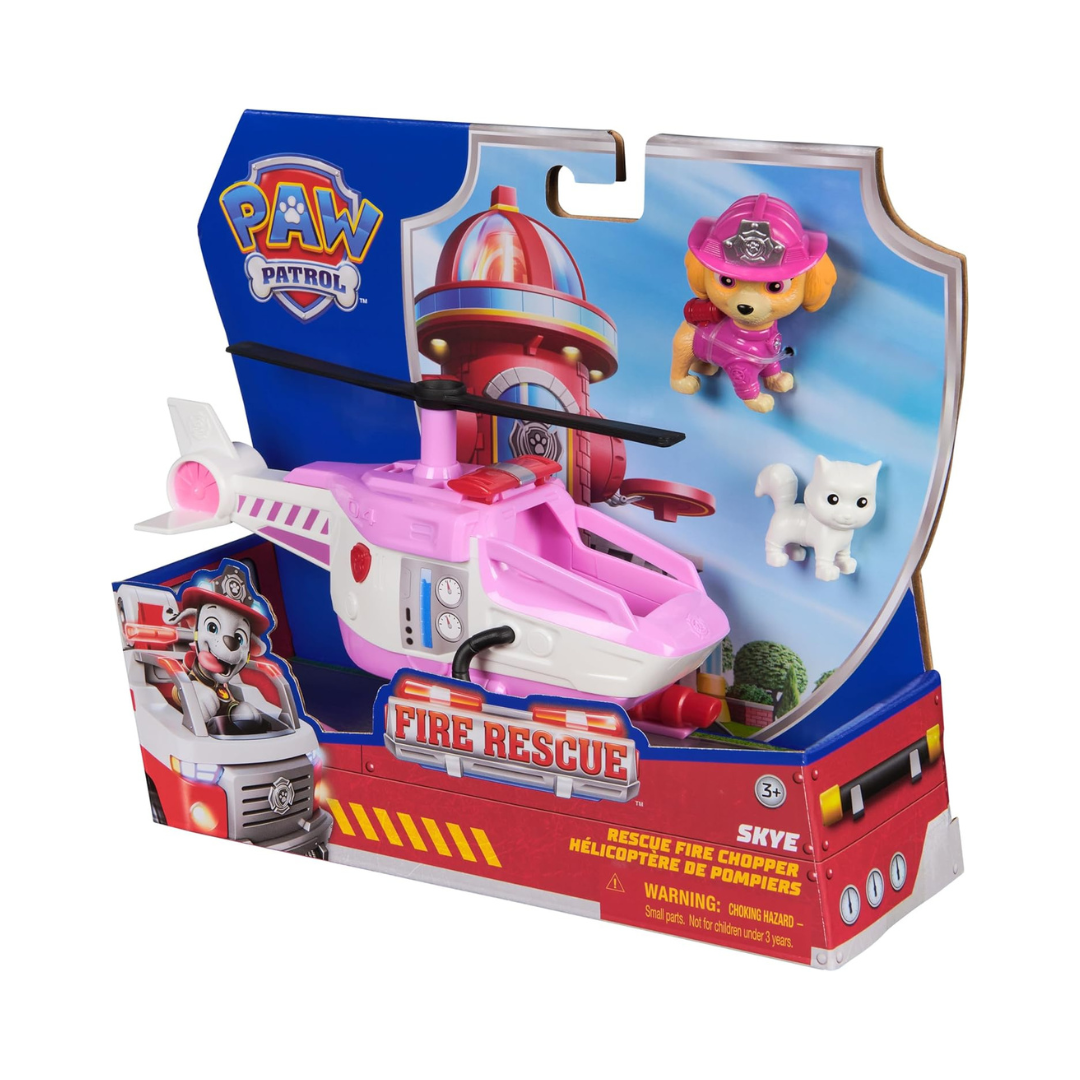 Brinquedo helicóptero Paw Patrol rosa e branco com personagens numa embalagem colorida