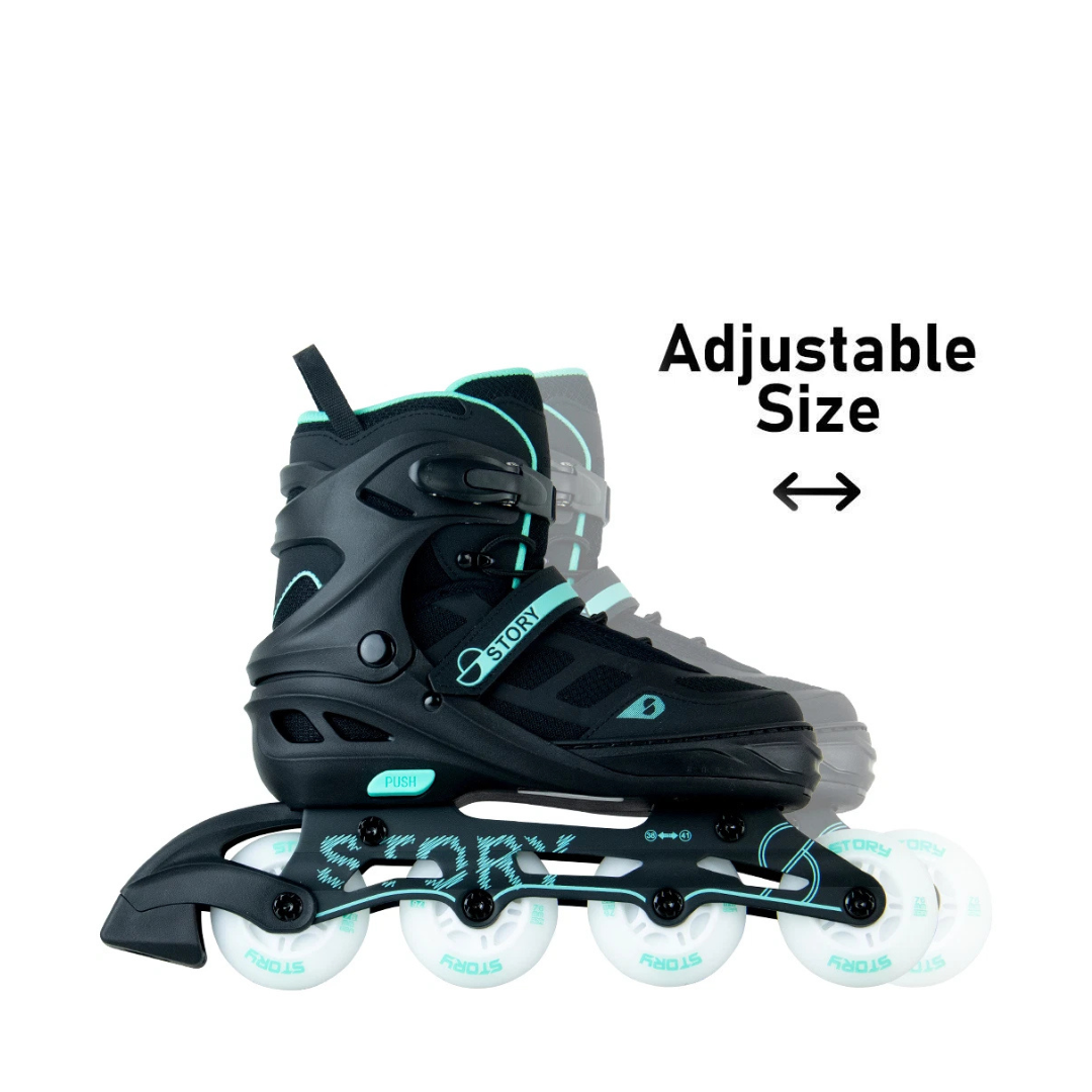 Patins em linha ajustáveis pretos com rodas brancas e detalhes azul turquesa