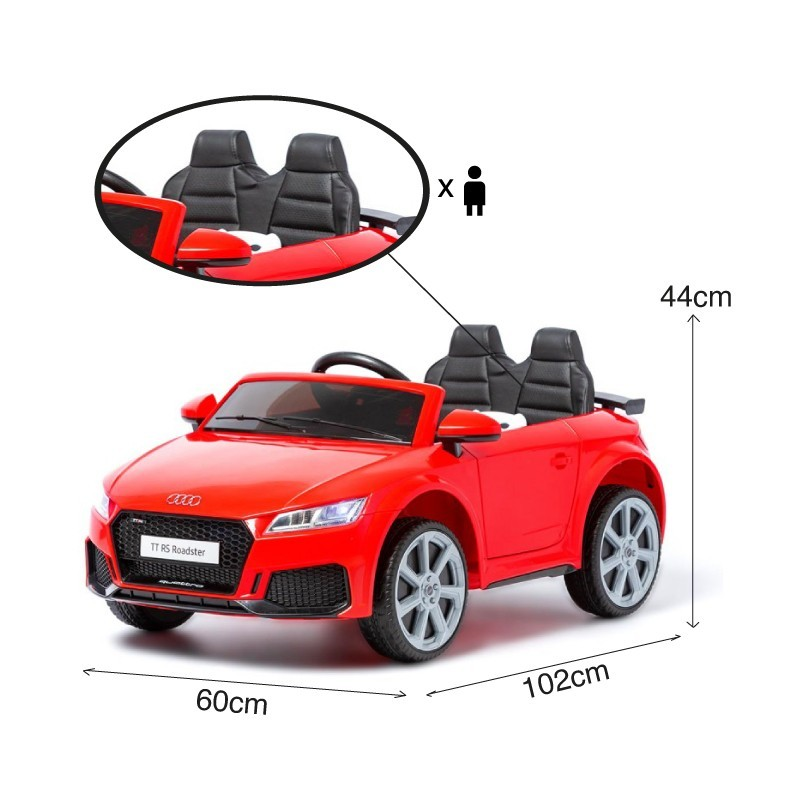 Carro elétrico infantil Audi TT RS Roadster vermelho com dois bancos pretos.