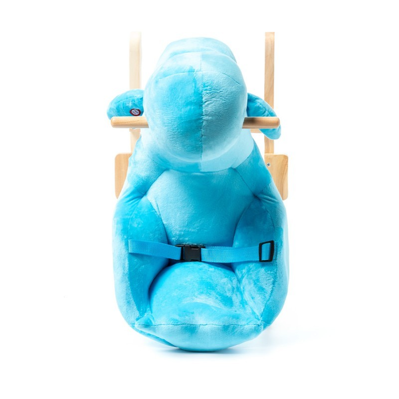 Balanço de bebê azul em tecido com cinto preto e estrutura de madeira