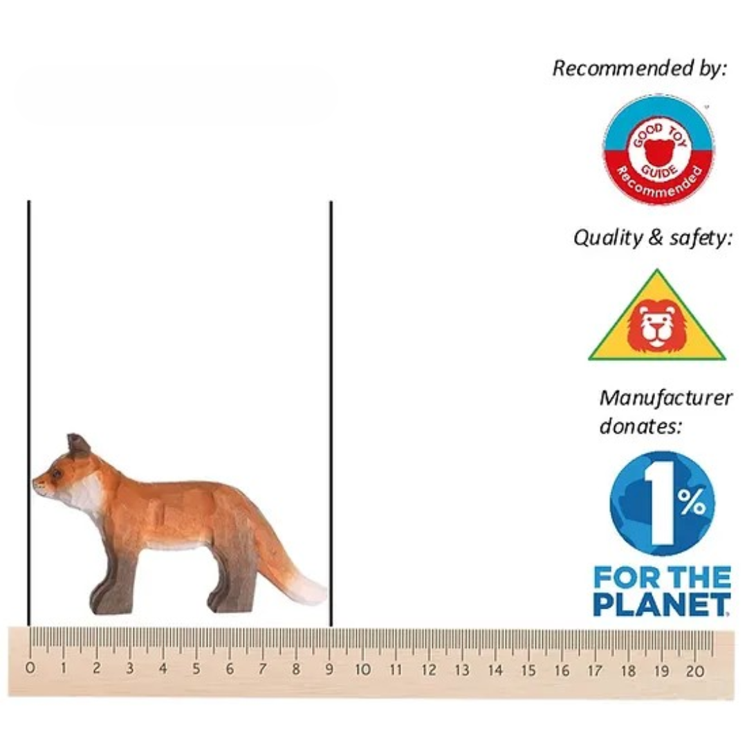 Miniatura de lobo castanho com régua e selos de qualidade