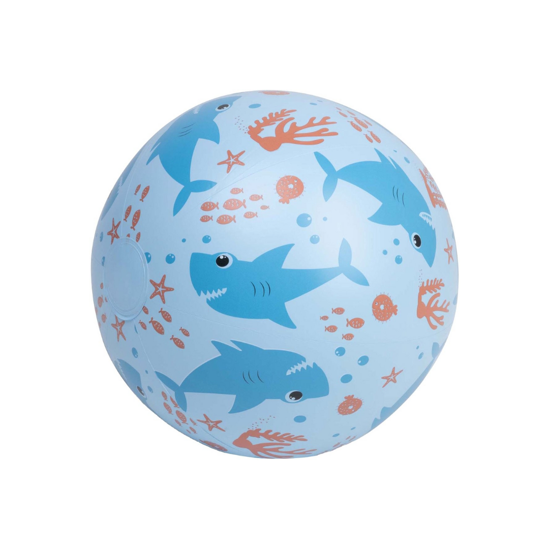 Bola de praia azul clara com estampado de tubarões e peixes