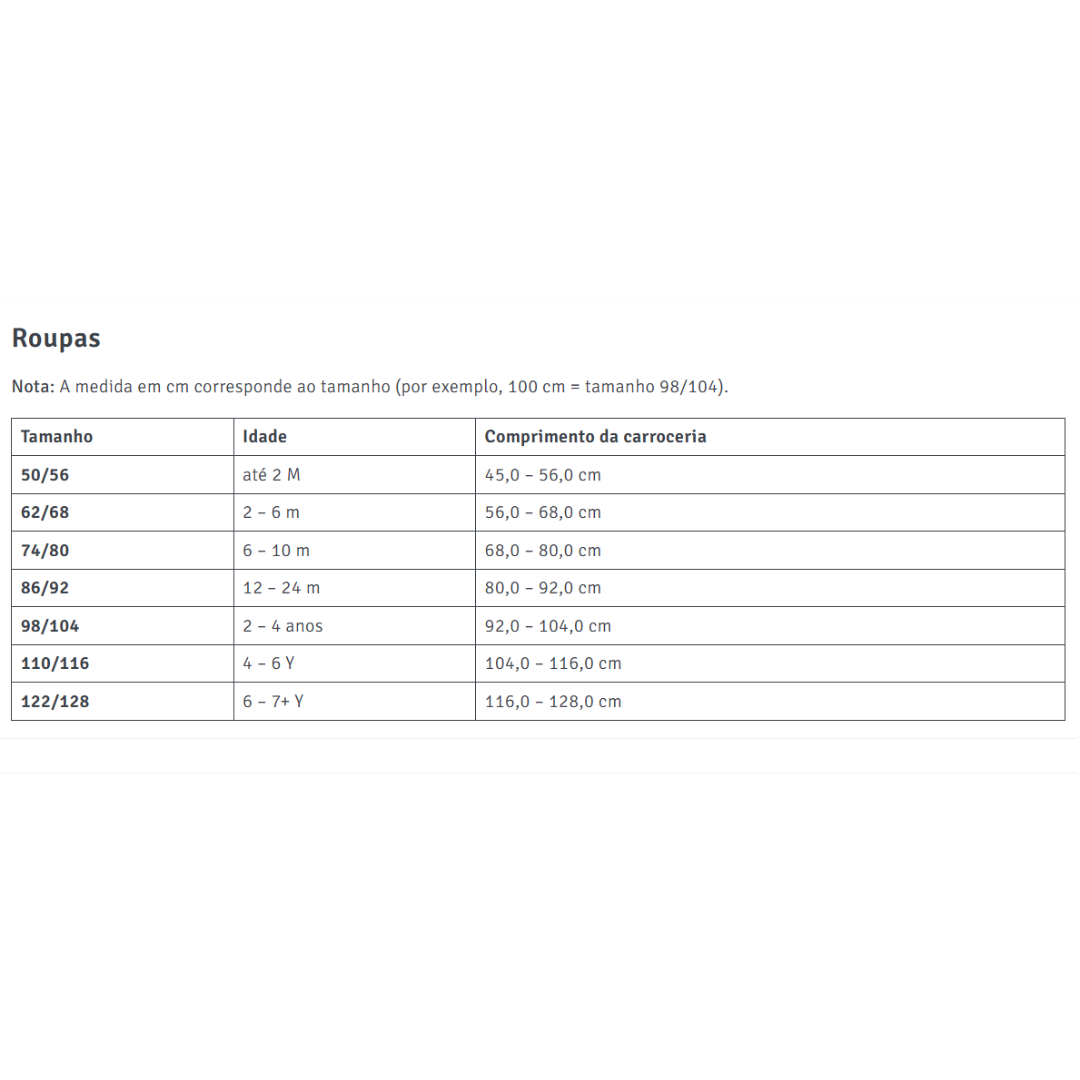 Tabela de tamanhos de roupa para crianças com medidas e idades
