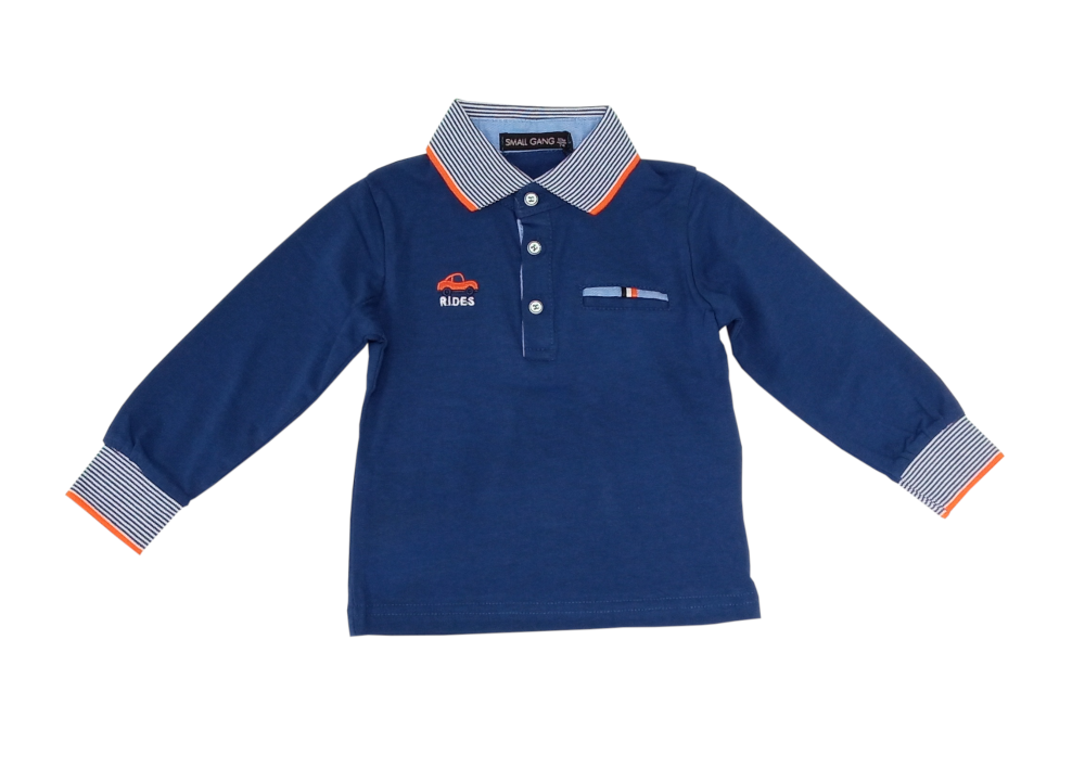 Camisola azul de manga comprida para criança com gola e punhos às riscas e bordado RIDERS