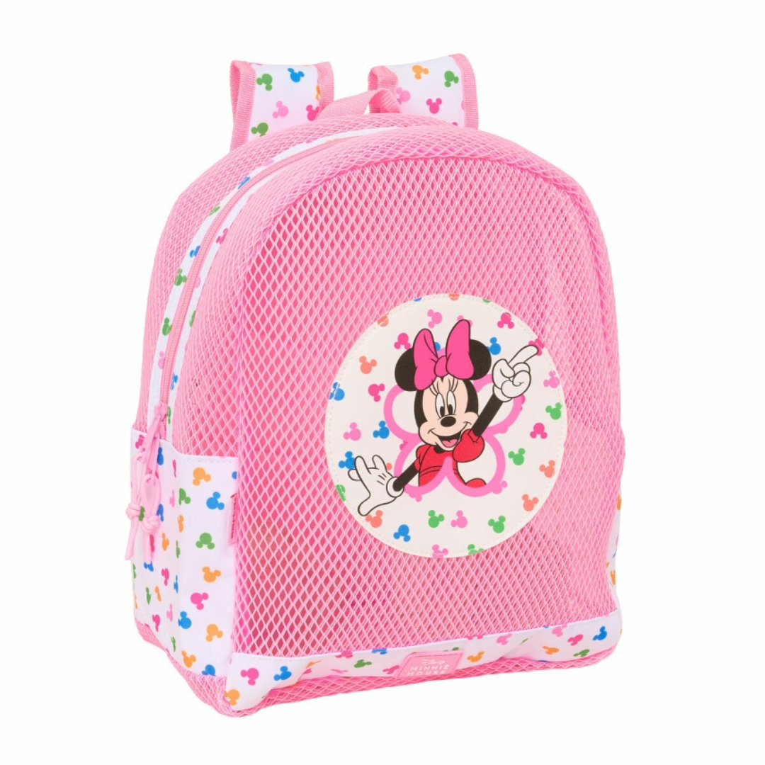 Mochila infantil rosa com estampa da Minnie Mouse e padrão colorido de silhuetas do Mickey Mouse