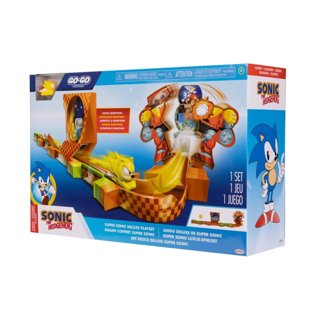 Brinquedo Sonic Hedgehog Go-Go Super Sonic Deluxe Playground em caixa colorida