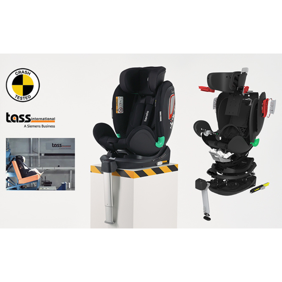 Cadeira auto infantil preta com selo Crash Tested e logótipo Tass International