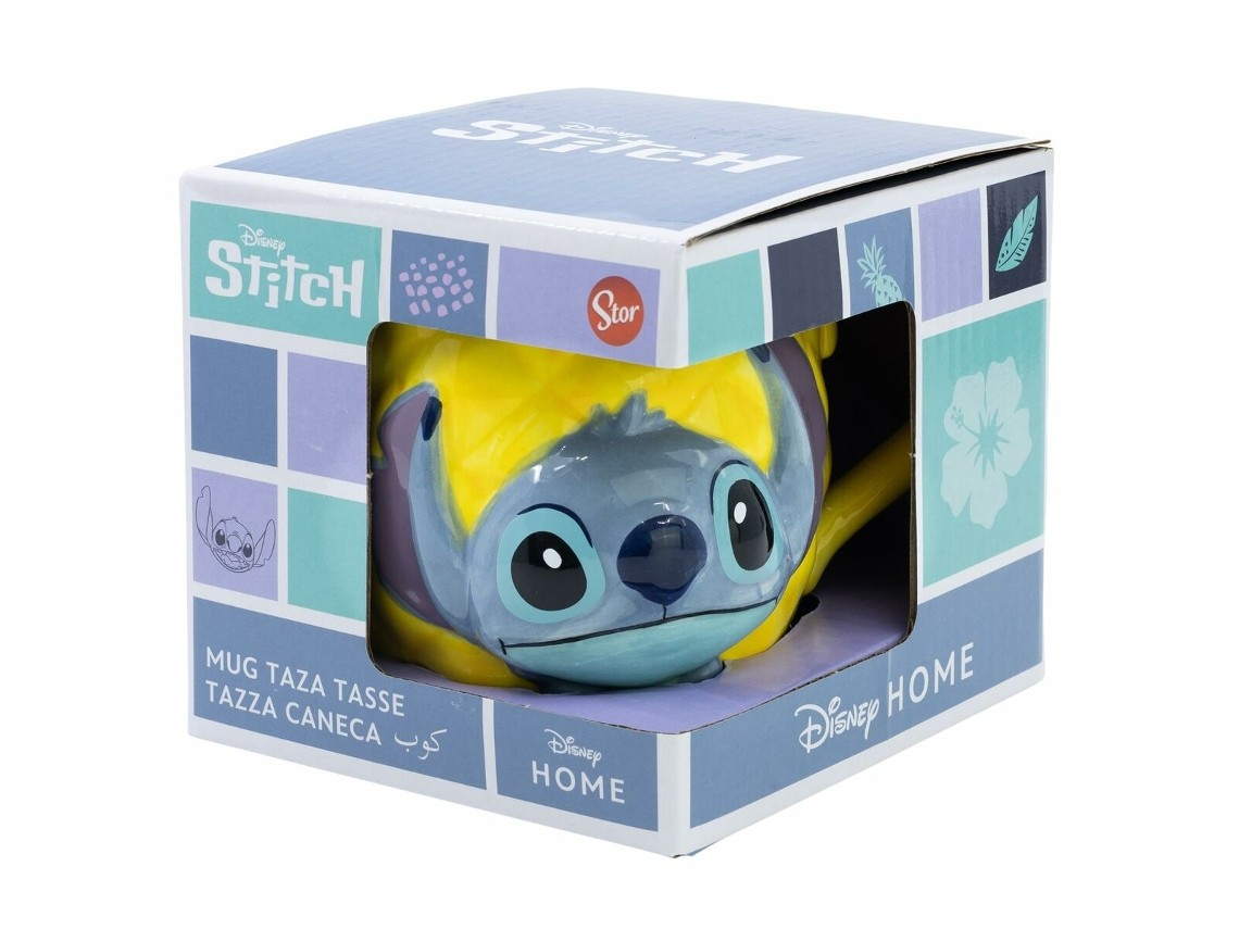 Caneca da personagem Stitch da Disney em embalagem azul e branca com janela