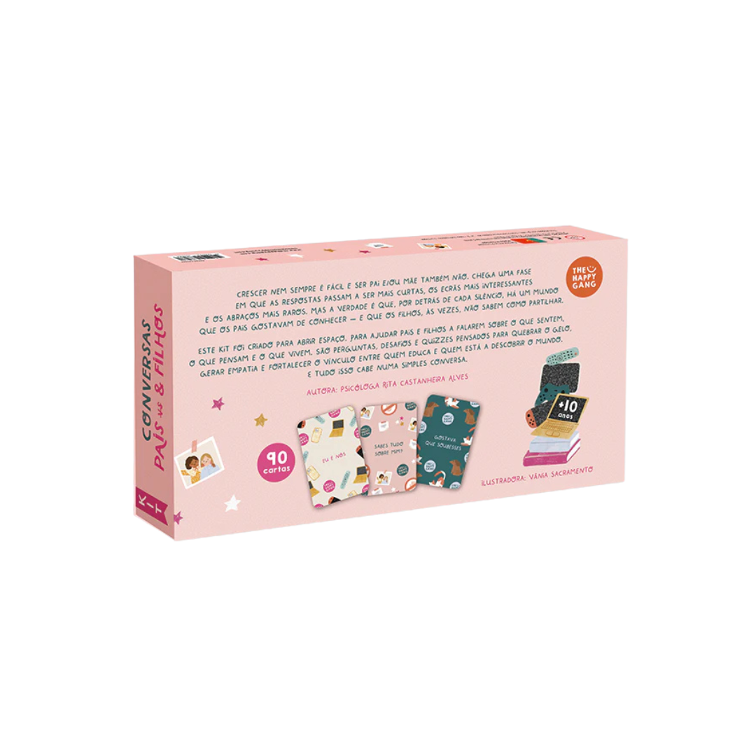 Caixa rosa do jogo de cartas Conversas pais & filhos com 90 cartas e informação em português.