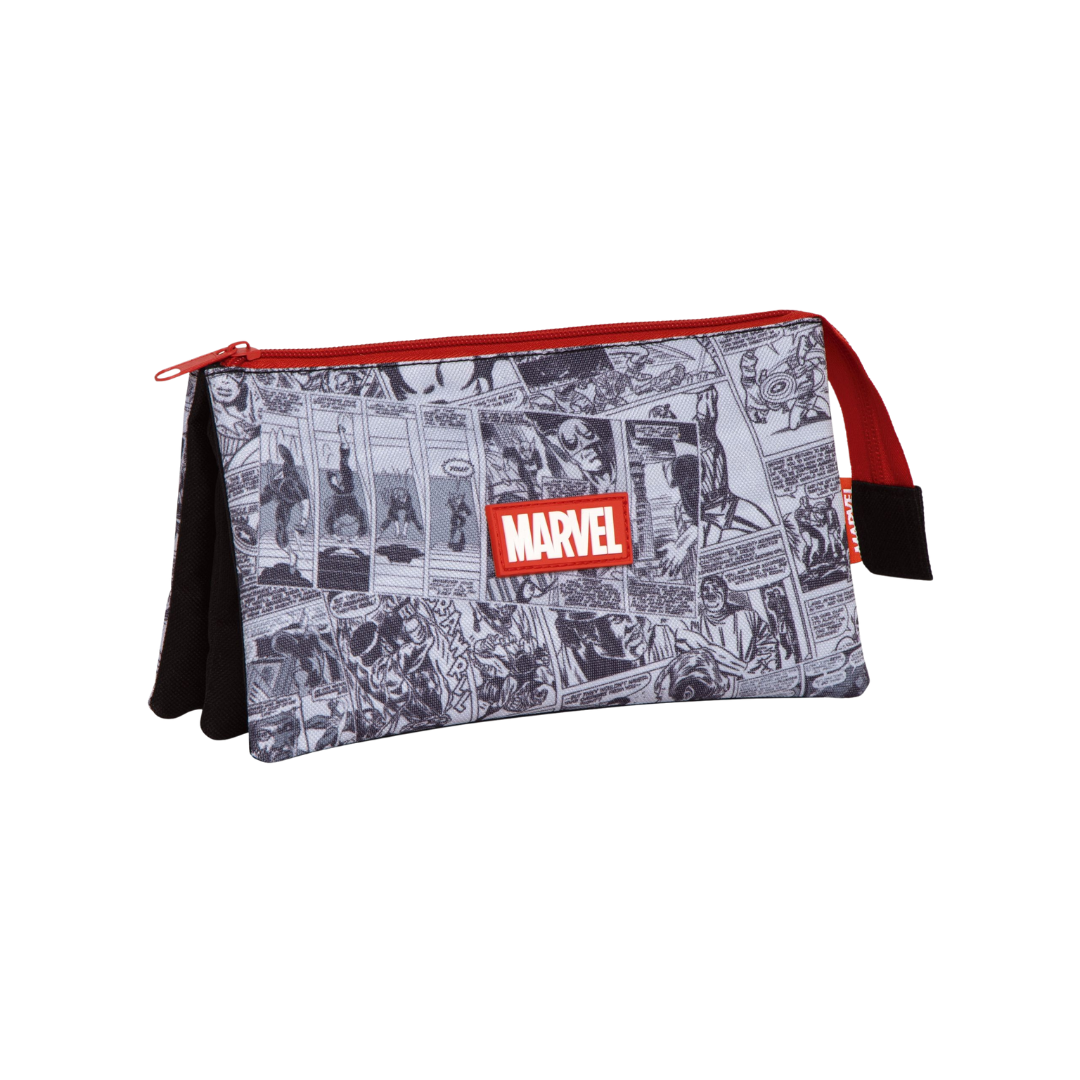 Estojo escolar Marvel com padrão de banda desenhada e fecho vermelho