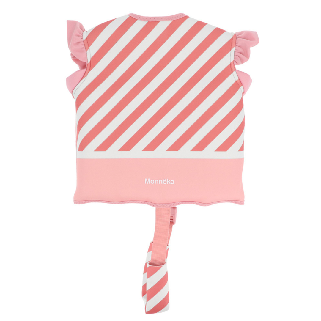 Colete salva-vidas infantil rosa com riscas diagonais e alças ajustáveis