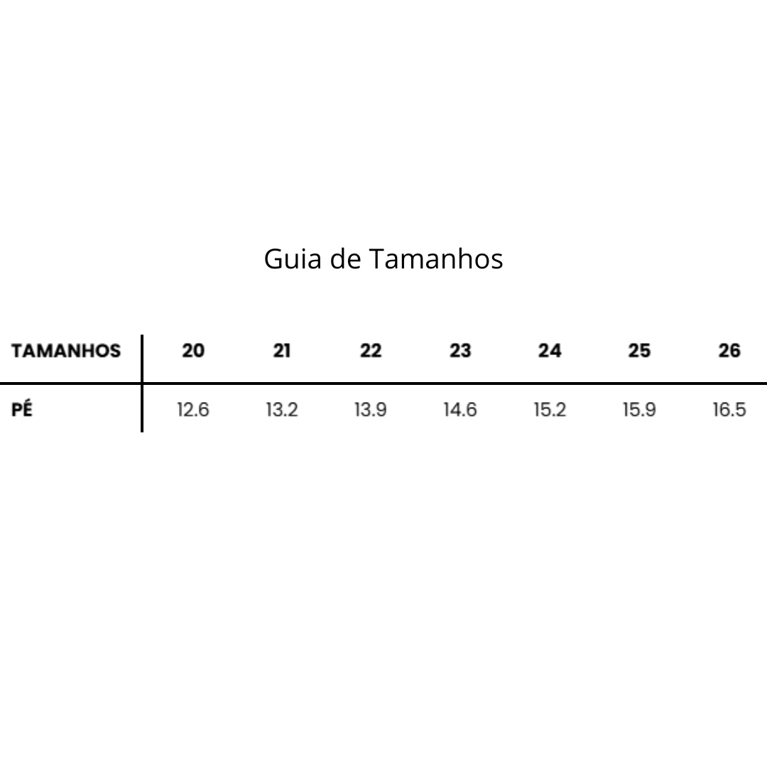 Guia de Tamanhos de pé em centímetros para tamanhos 20 a 26