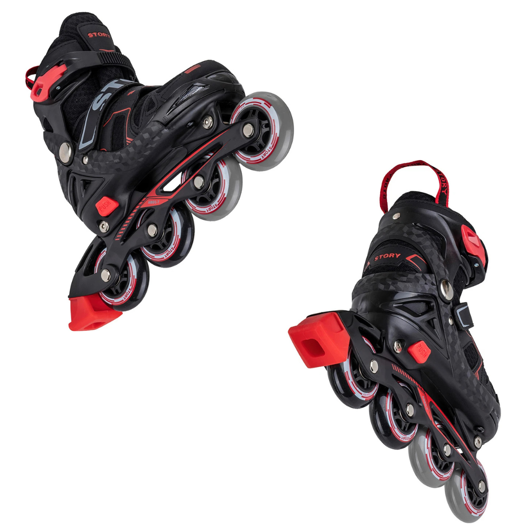 Par de patins em linha pretos e vermelhos com rodas