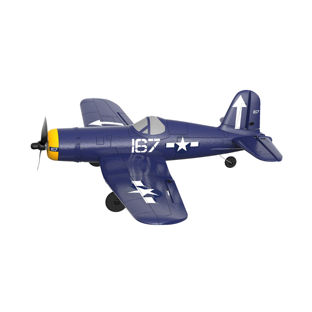 Avião de brinquedo azul com hélice preta e marcações brancas e amarelas.