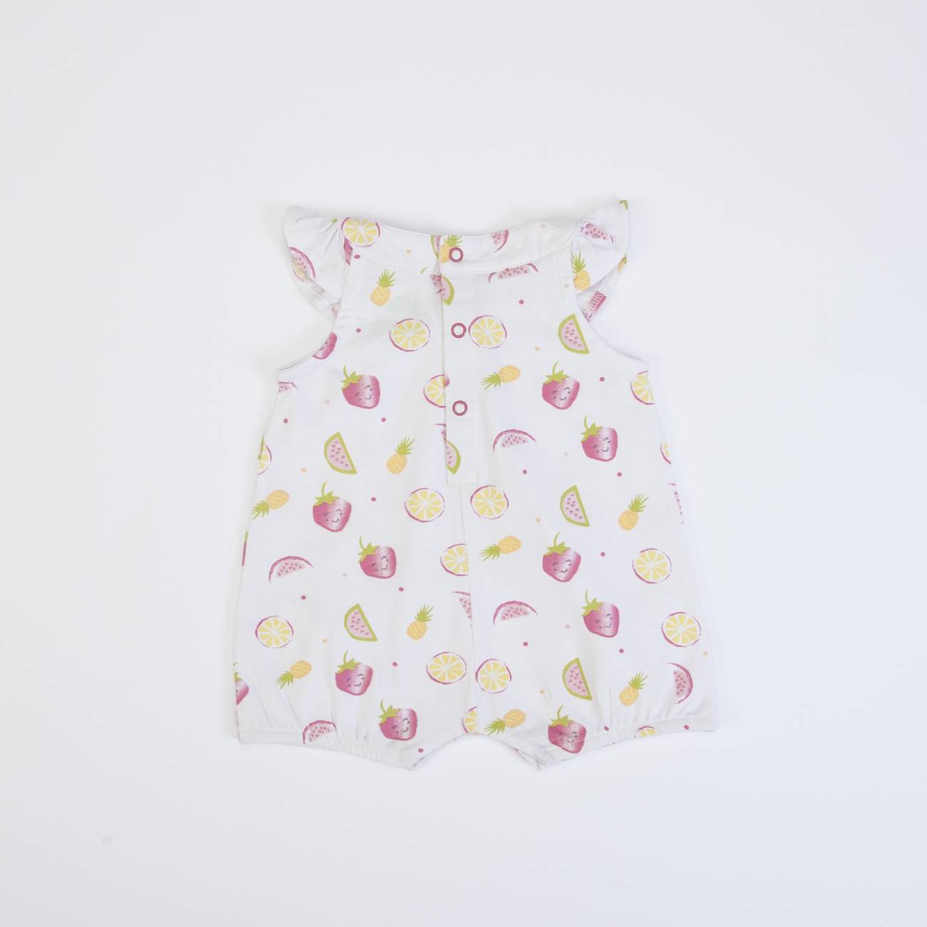 Macacão de bebé branco com padrão de frutas coloridas