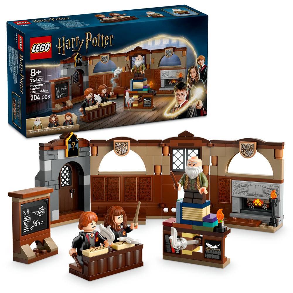 Conjunto LEGO Harry Potter Hogwarts aula de feitiços com figuras e cenário detalhado