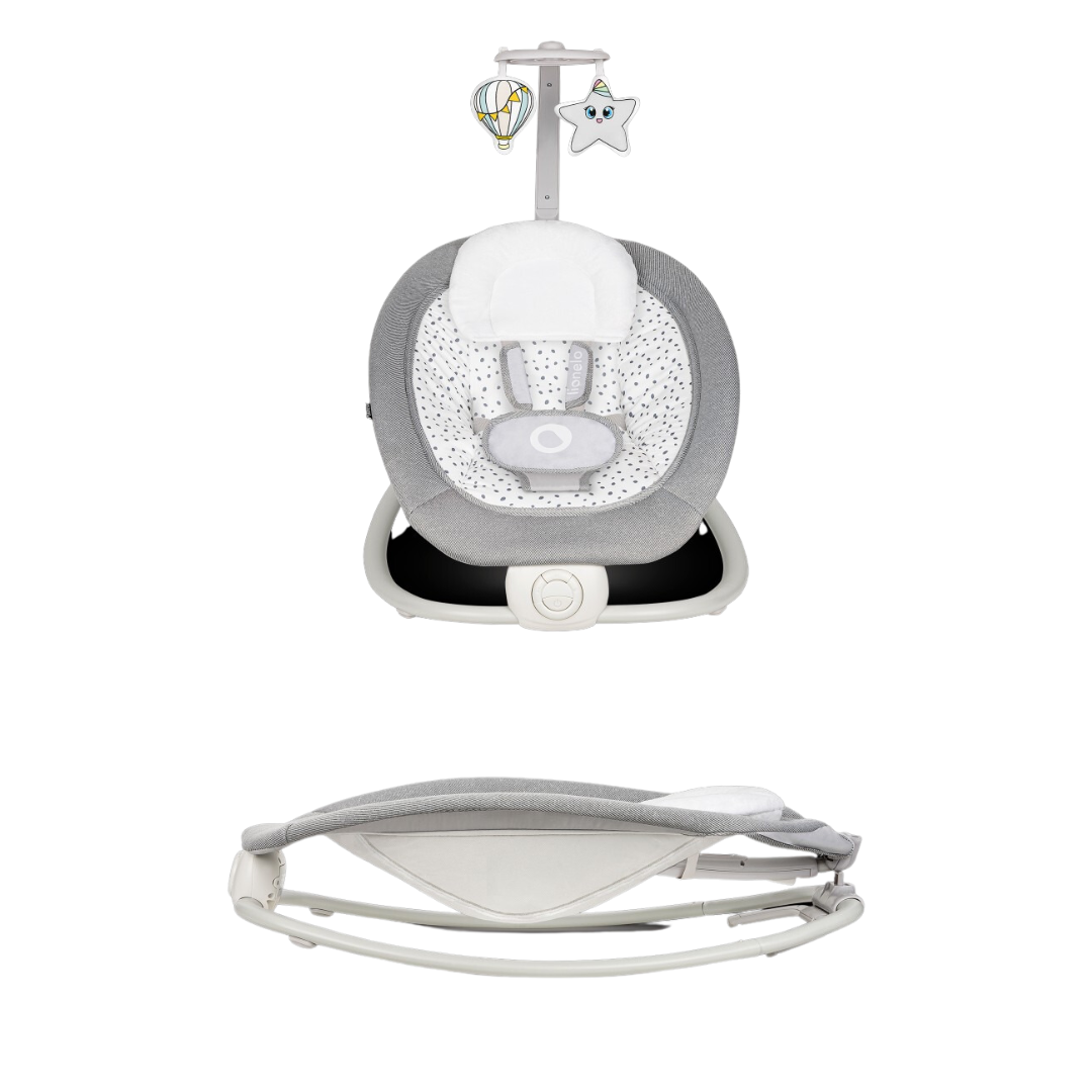 Cadeira de bebé cinza e branco com brinquedos pendurados, vista aberta e fechada.