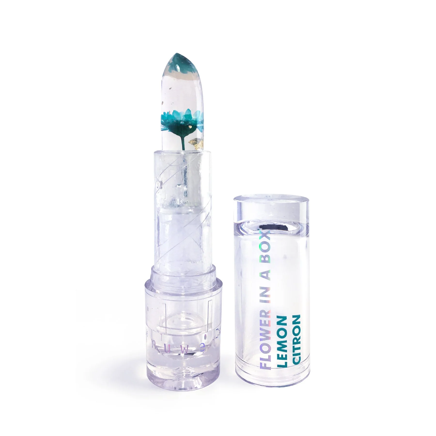 Bálsamo labial transparente com flor azul interna e caixa com texto