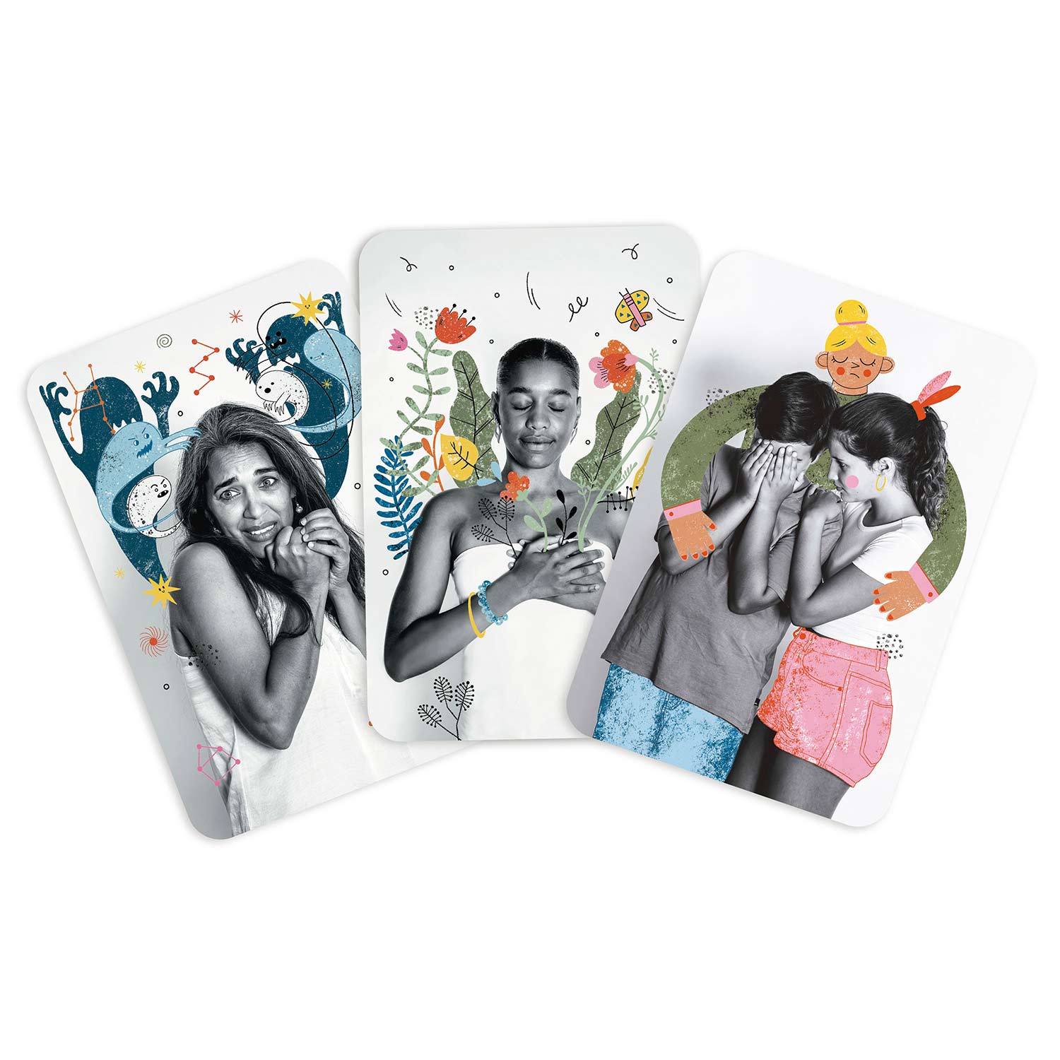 Três cartas com fotografias a preto e branco e ilustrações coloridas integradas às imagens.