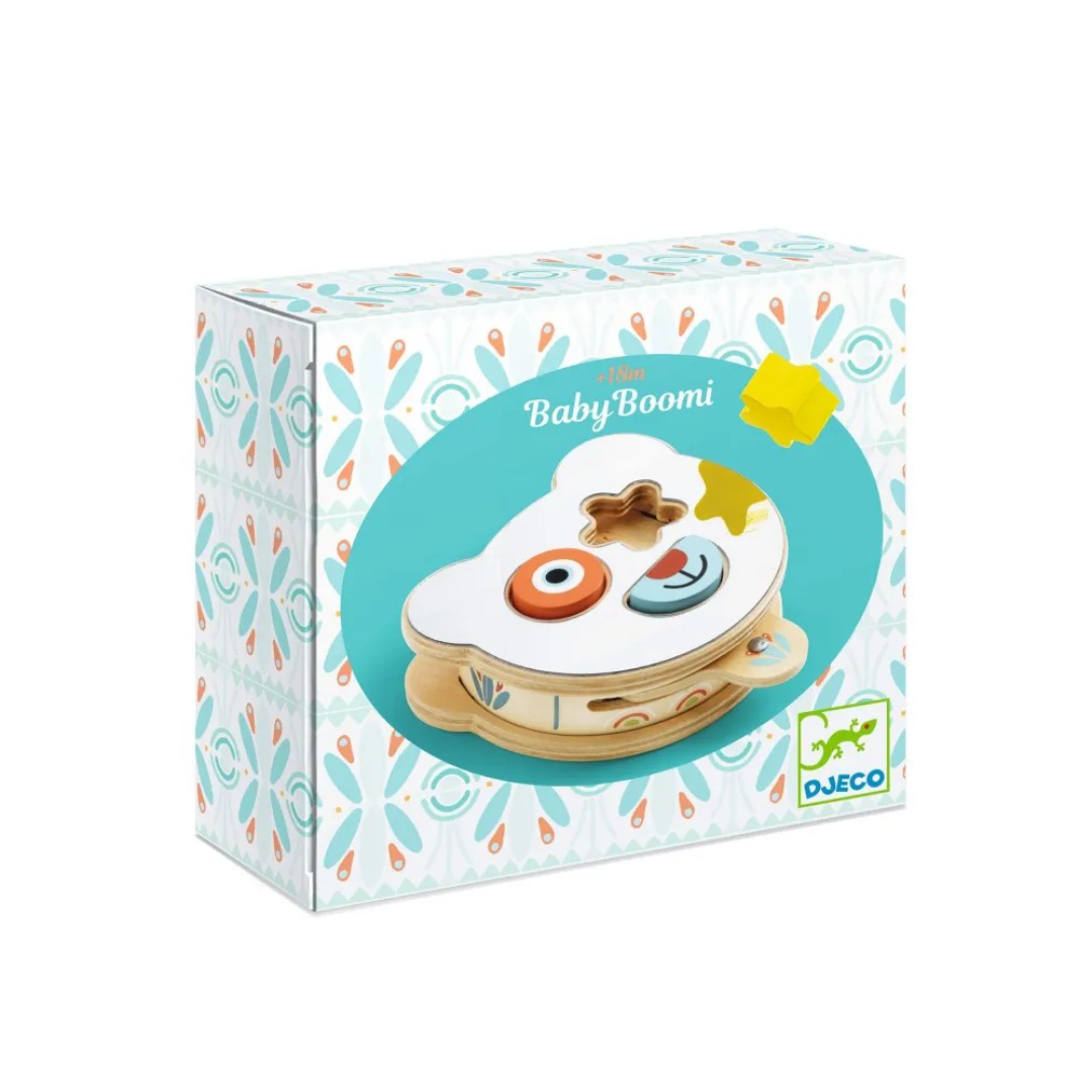 Brinquedo de encaixe Baby'Boomi da Djeco em caixa decorada azul e laranja