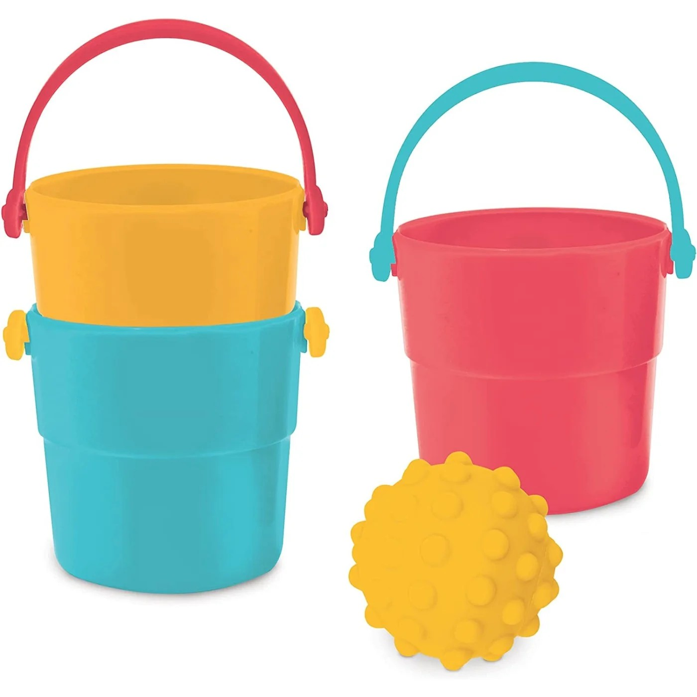Conjunto de baldes coloridos e bola de plástico texturizada