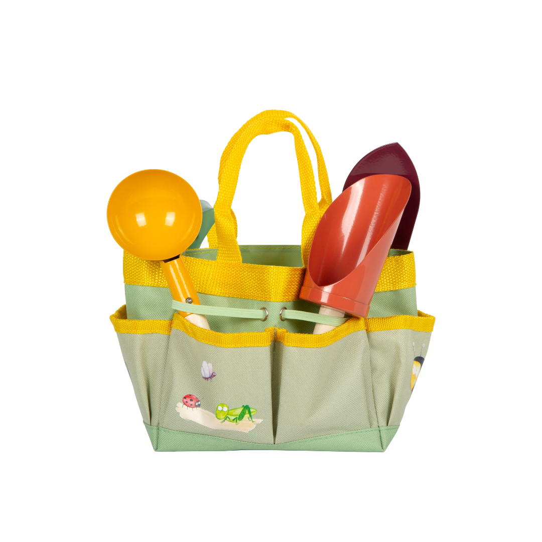 Bolsa de jardim com ferramentas coloridas e desenhos de insetos