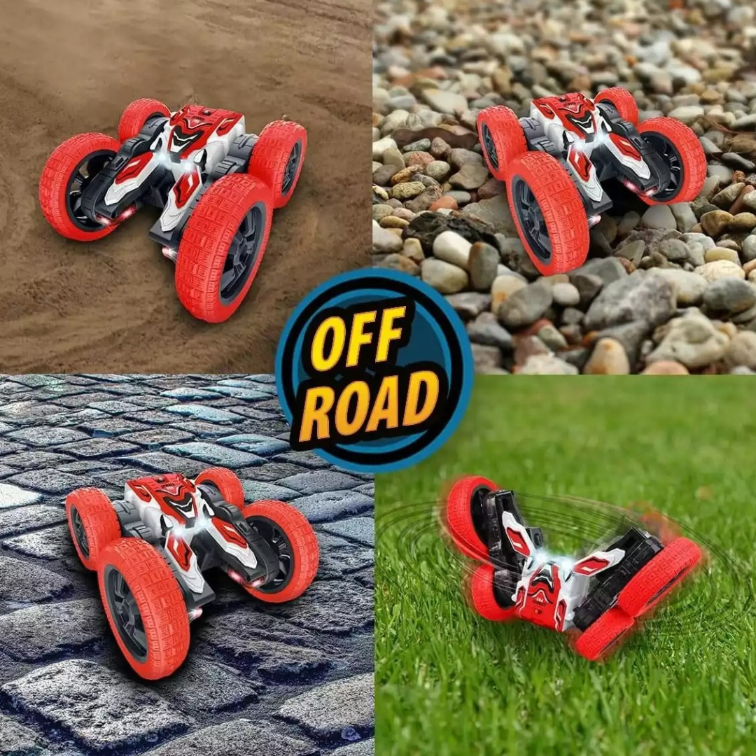 Carrinho de controlo remoto off road com rodas vermelhas em diferentes superfícies
