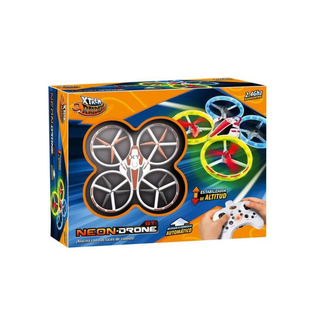 Caixa colorida de drone com texto e imagens do drone e comando de rádio