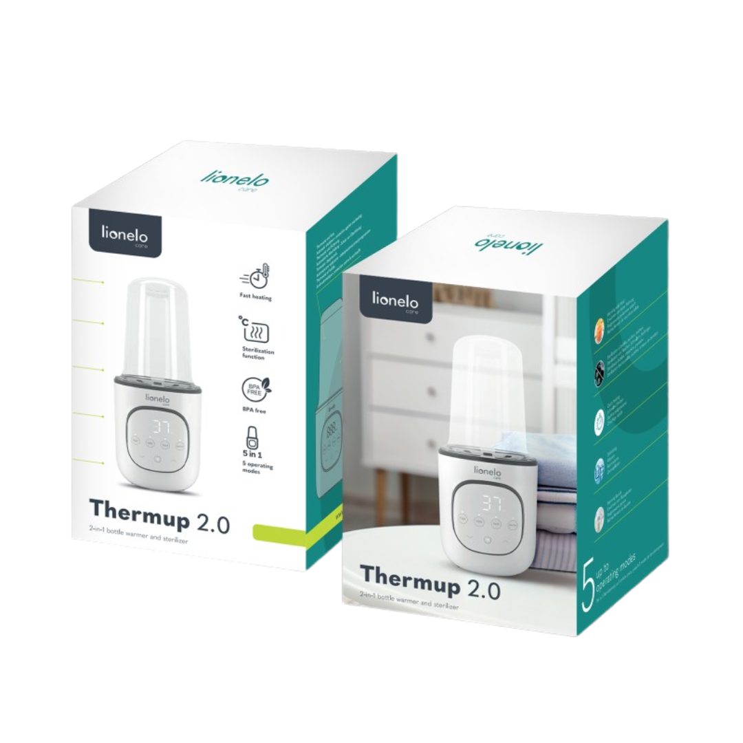 Caixas do aquecedor de mamadeiras Thermup 2.0 branco e verde com texto e ícones