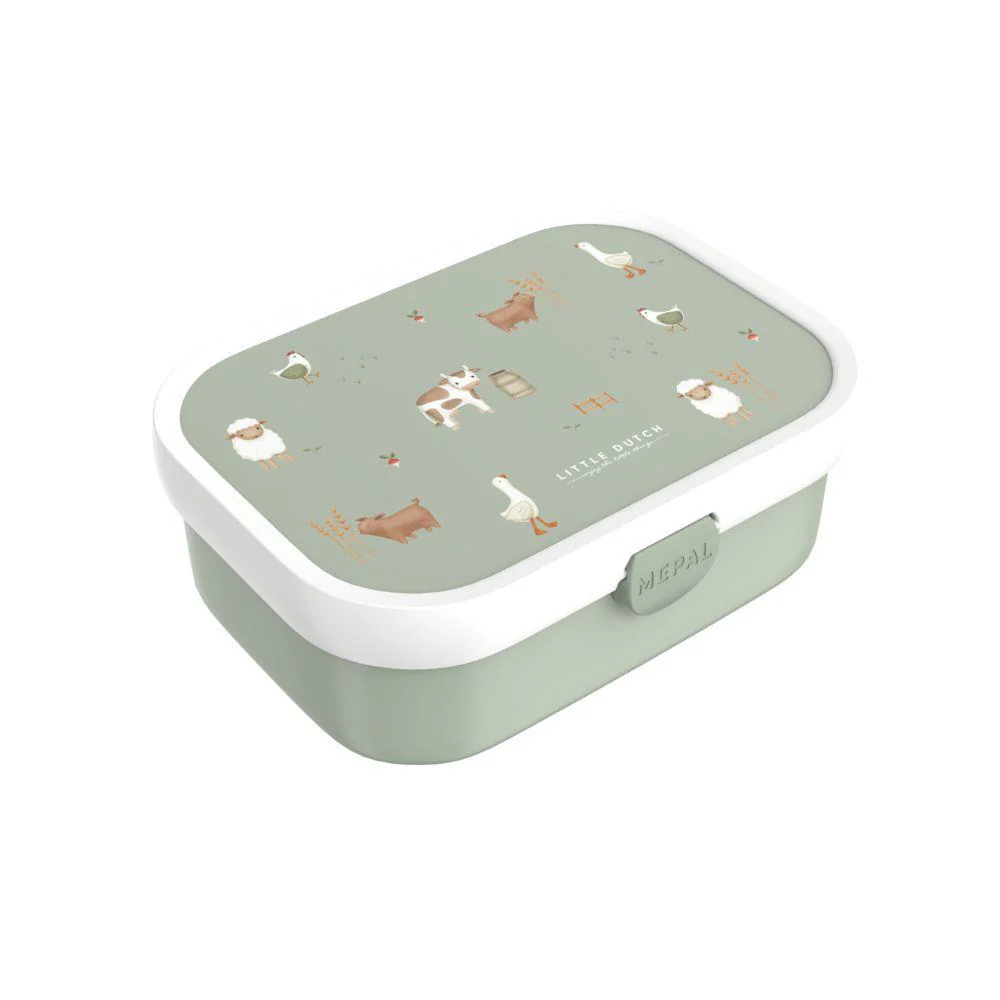 Caixa de almoço verde e branca com desenhos de animais e texto Little Dutch.