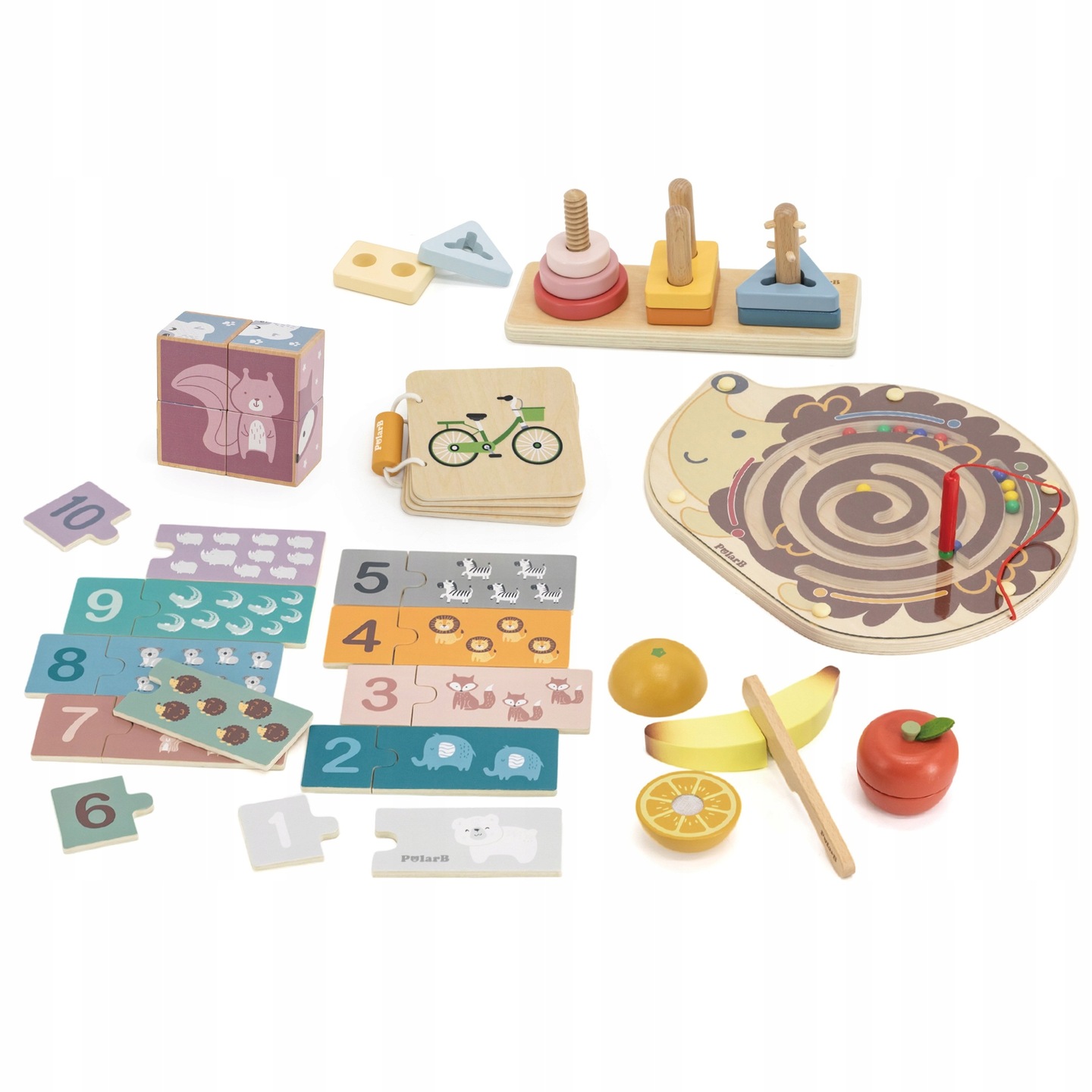 Conjunto de brinquedos educativos de madeira com blocos coloridos e peças didáticas