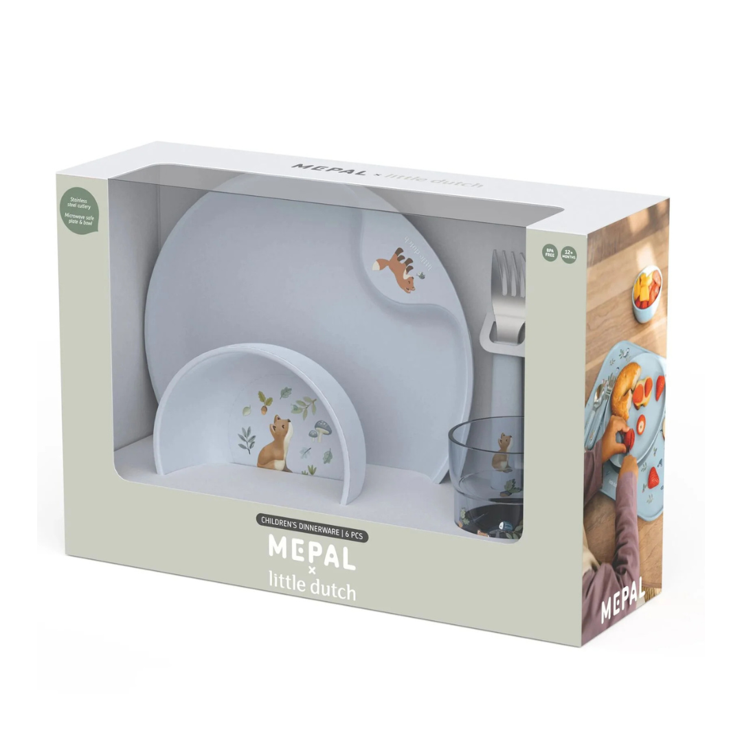 Conjunto de loiça infantil azul claro com desenhos de animais em embalagem branca com janela transparente