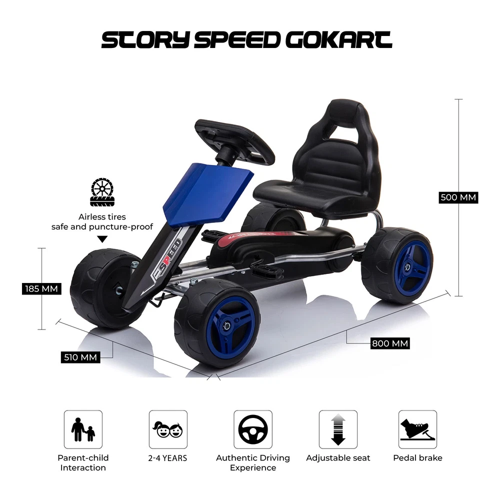 Carrinho de brincar tipo kart azul e preto com assento preto e pneus robustos