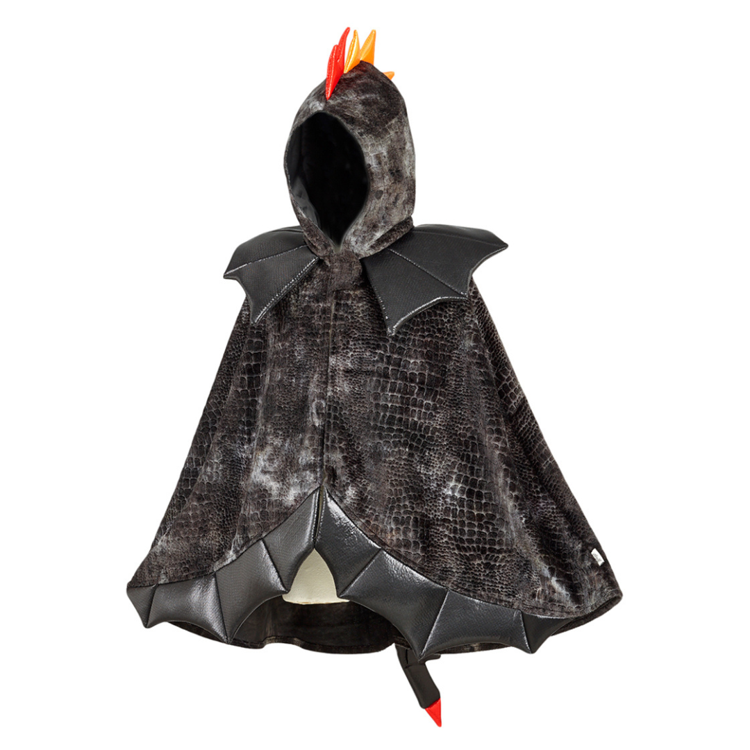 Capa fantasia dragão escamas com capuz e detalhes pretos e vermelhos
