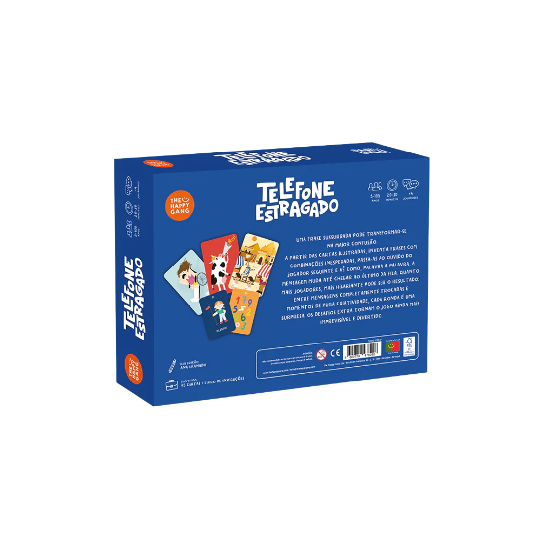 Caixa azul do jogo de cartas Telefone Estragado com ilustrações coloridas