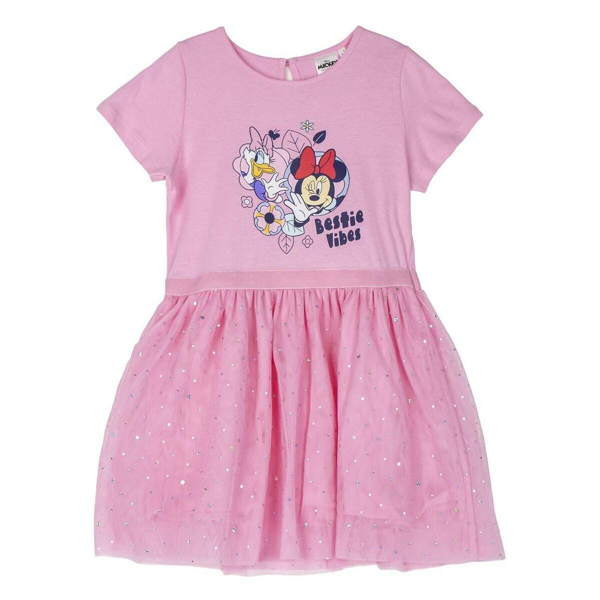 Vestido infantil cor-de-rosa com estampado de Minnie e Margarida