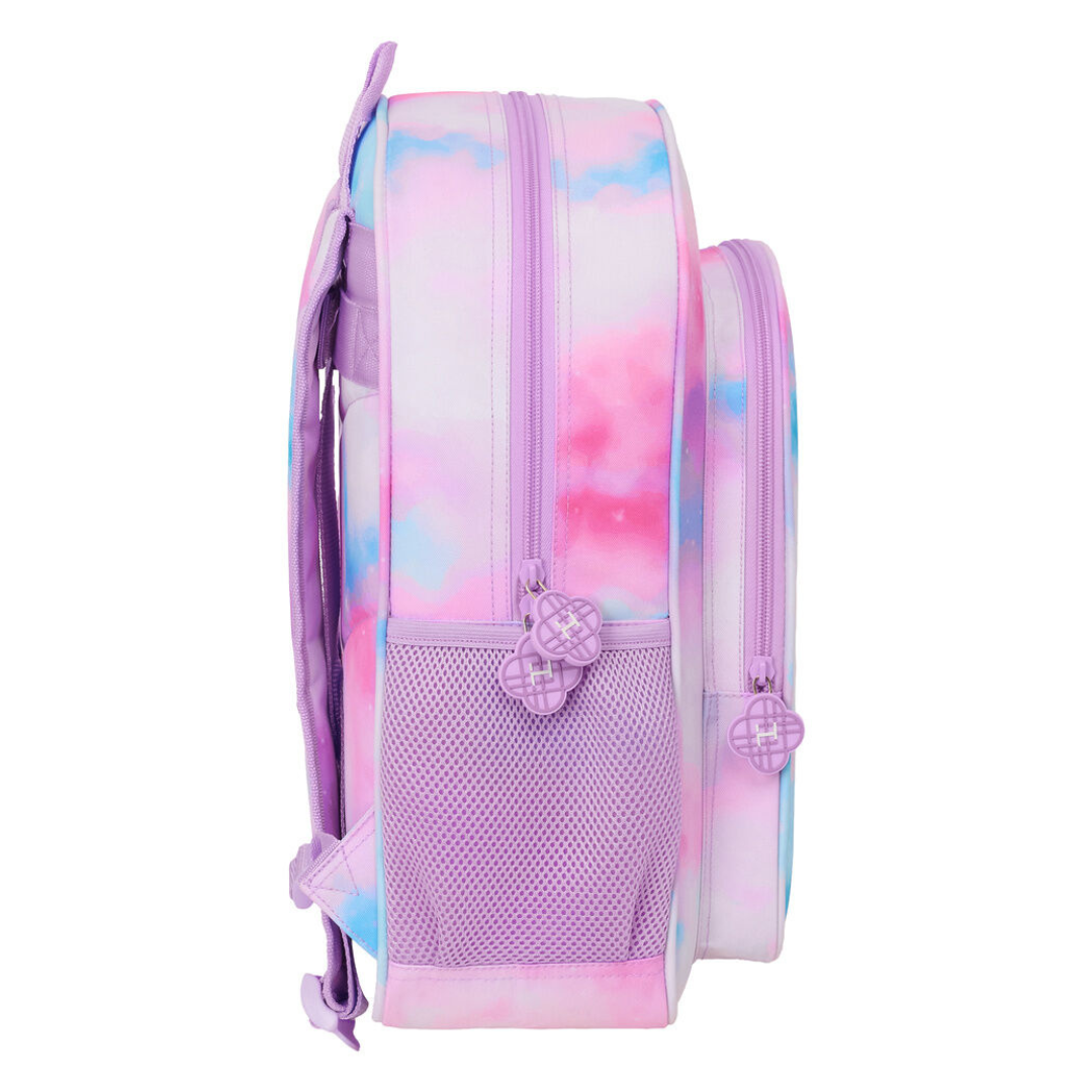 Mochila tie-dye rosa e lilás com bolsos e fechos