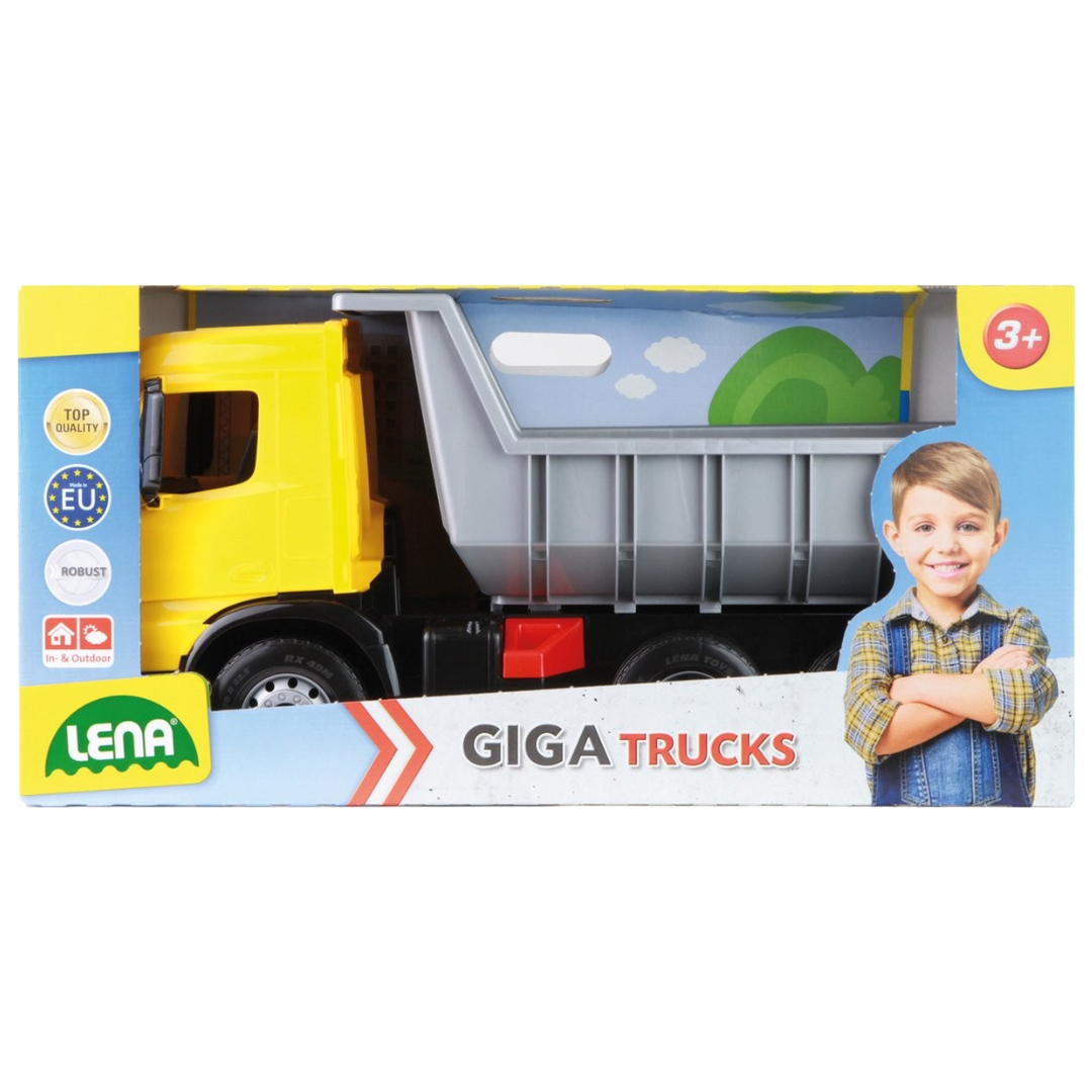 Camião de brinquedo Lena Giga Trucks amarelo e cinzento em embalagem