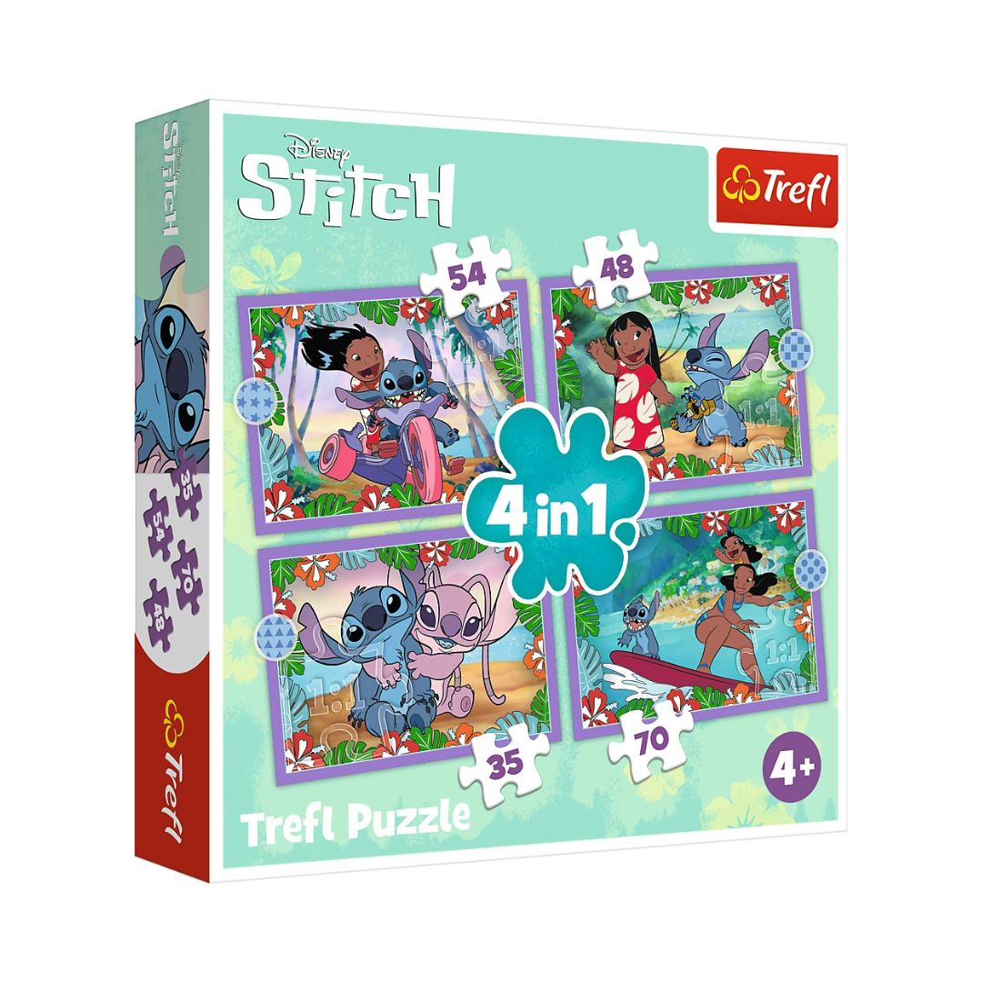 Caixa de puzzle Trefl 4 em 1 Disney Stitch com 35 a 70 peças