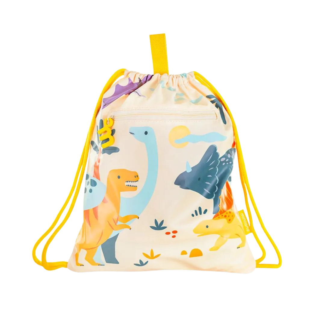 Mochila saco com desenho de dinossauros e cordões amarelos
