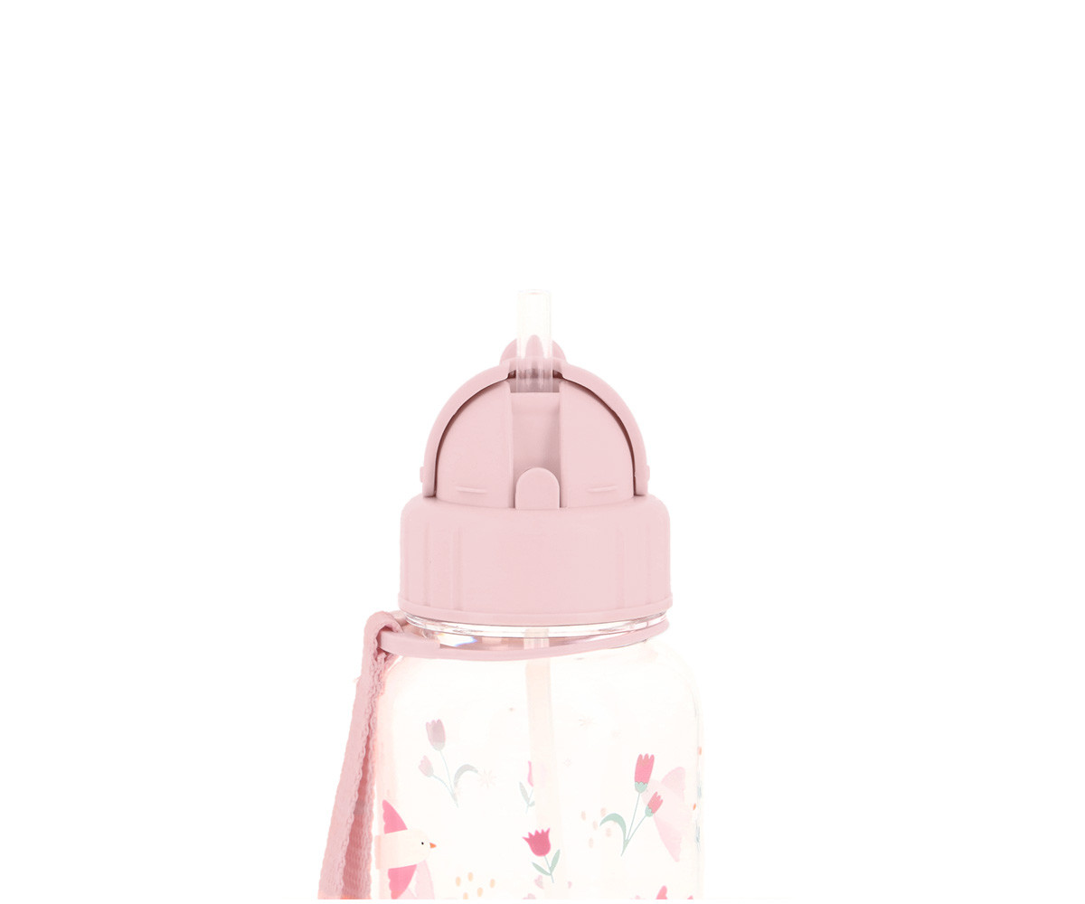 Garrafa de água infantil com tampa rosa e estampa floral
