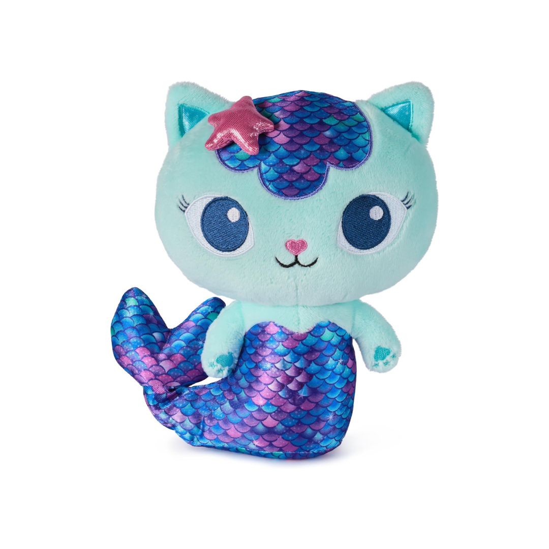 Pelúcia de gato sereia azul com cauda e cabeça de escamas brilhantes