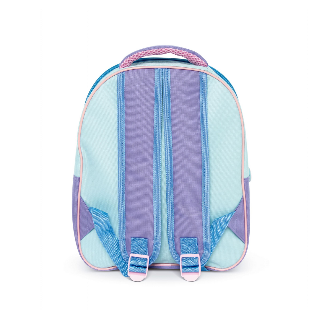Mochila infantil azul claro com alças lilás e rosa vista de trás
