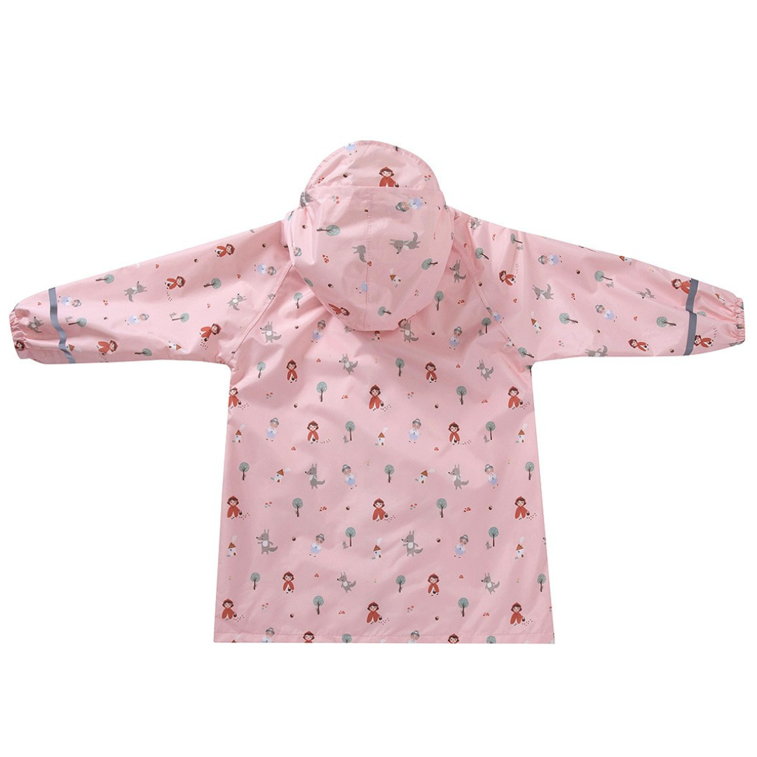 Casaco impermeável infantil rosa com padrão colorido e capuz