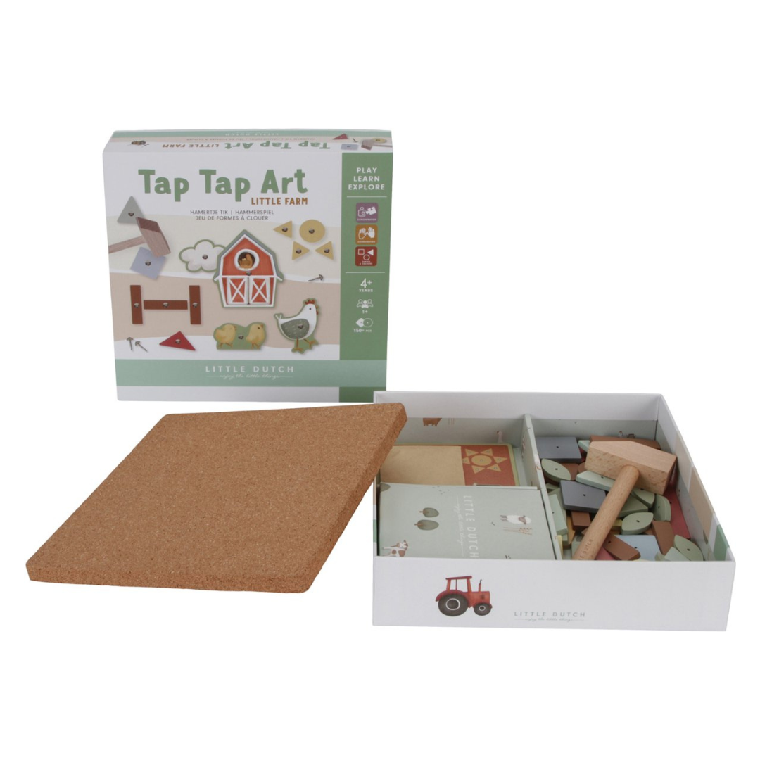 Jogo Tap Tap Art Little Farm com tabuleiro de cortiça e peças coloridas, embalagem com imagens de fazenda e texto em inglês